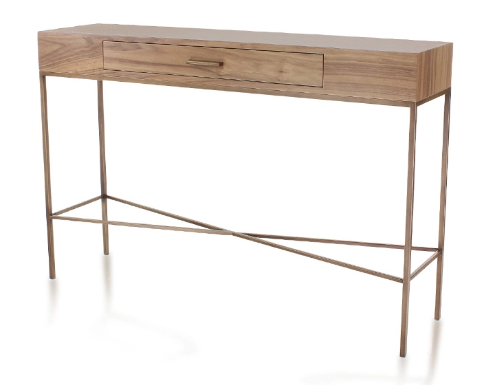 Console design noyer teinte naturelle et métal patine laiton 100 cm
