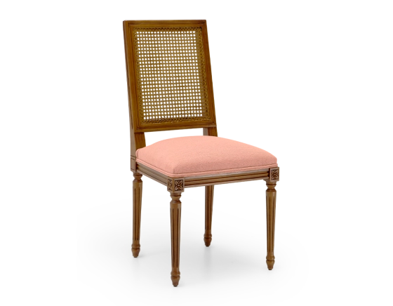 Louis XVI style antique chair cane back chair with coral pink fabric seat