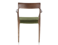 Chaise scandinave avec accoudoirs bois teinte marron foncé assise tissu vert olive