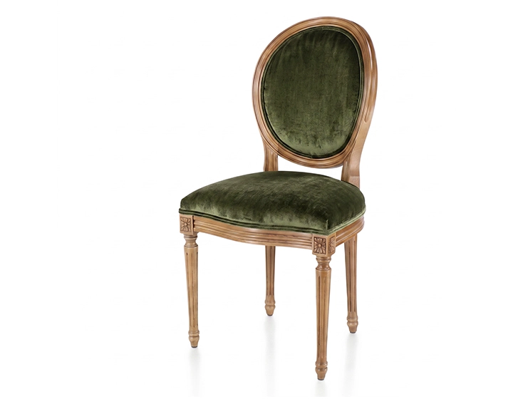 Louis XVI style antique chair wood antique stain and olive green velvet fabric