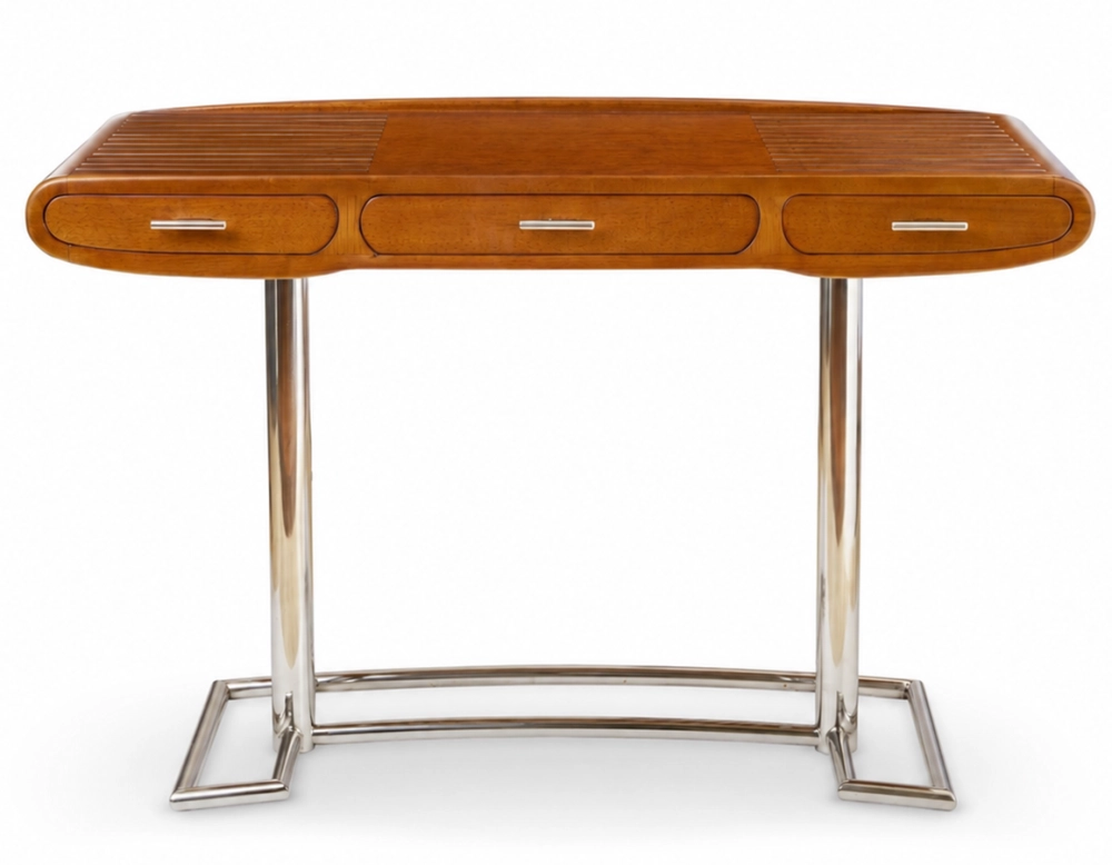 Consola art déco de dos cajones métal et bois teinte merisier