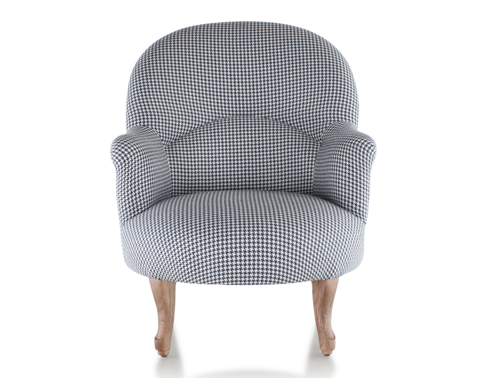 Fauteuil crapaud avec accoudoirs pieds bois teinte noyer et tissu pied-de-poule bleu et blanc