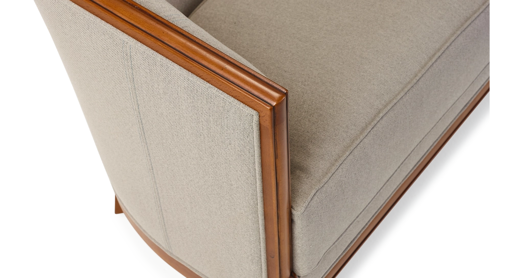 Antique 3 seater sofa with moulded armrests bois teinte ancienne et tissu beige naturel