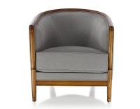 Fauteuil ancien accoudoirs moulurés bois teinte ancienne et tissu gris clair