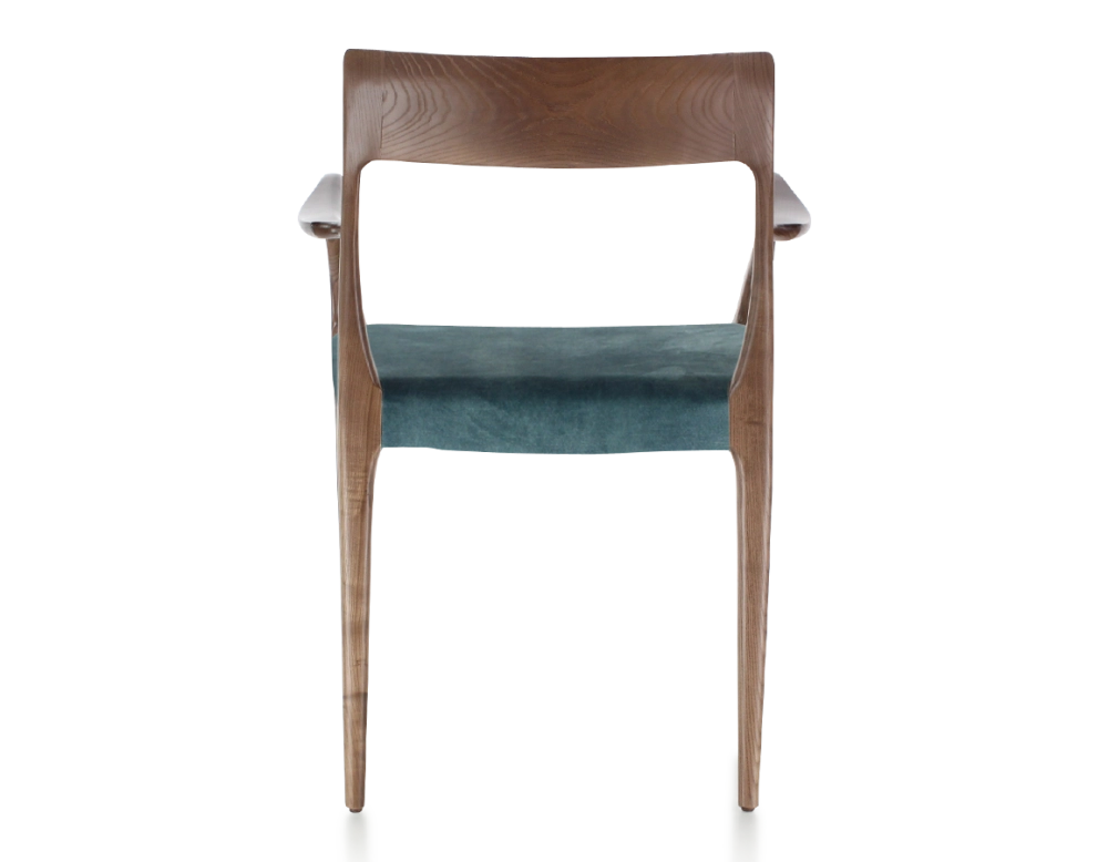 Scandinavian armchair with armrests dark brown stained wood, petrol blue velvet seat