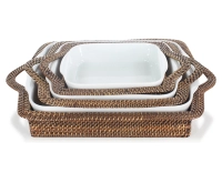 Plat porcelaine carré avec support en fleur de rotin grand modèle