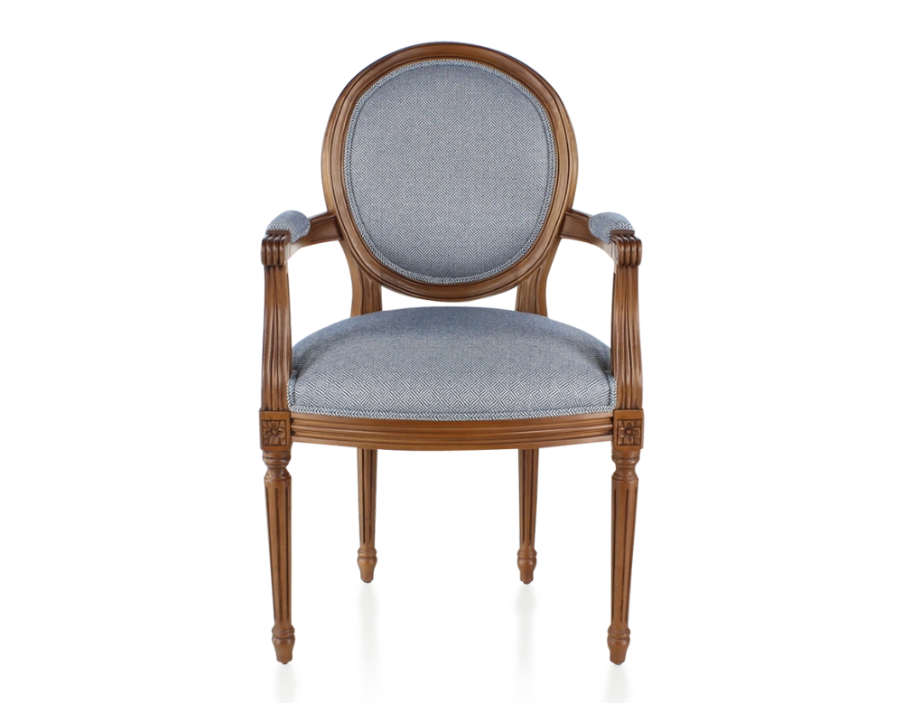 Silla antigua estilo Luis XVI con reposabrazos madera con tinte envejecido y tejido chevron azul