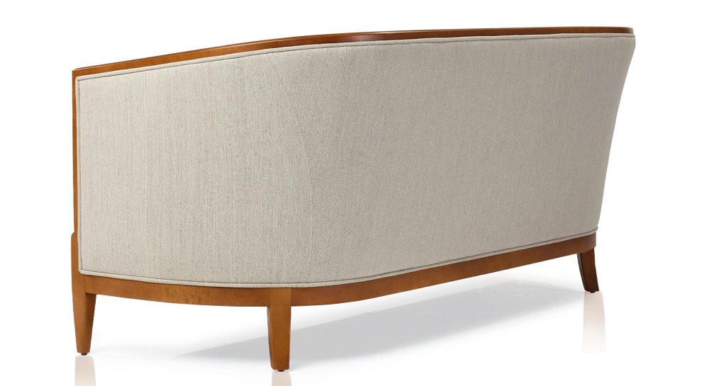 Antique 3 seater sofa with moulded armrests bois teinte ancienne et tissu beige naturel