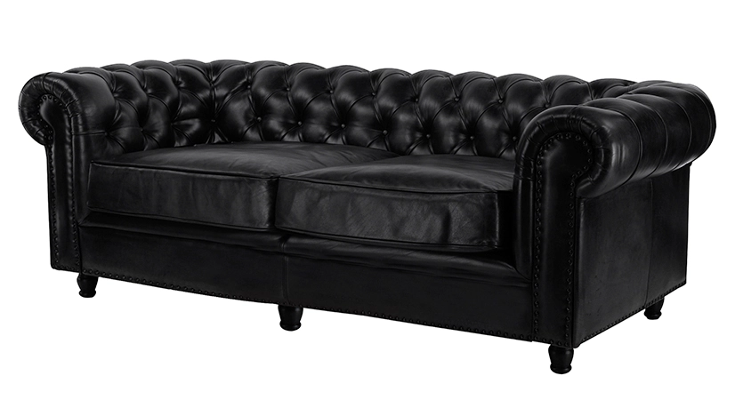 Canapé Chesterfield cuir 3 places noir accoudoirs cloutés