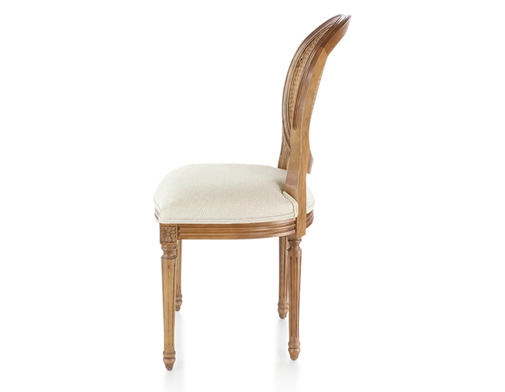 Chaise ancienne style Louis XVI bois teinte ancienne dossier canné assise tissu chevron beige
