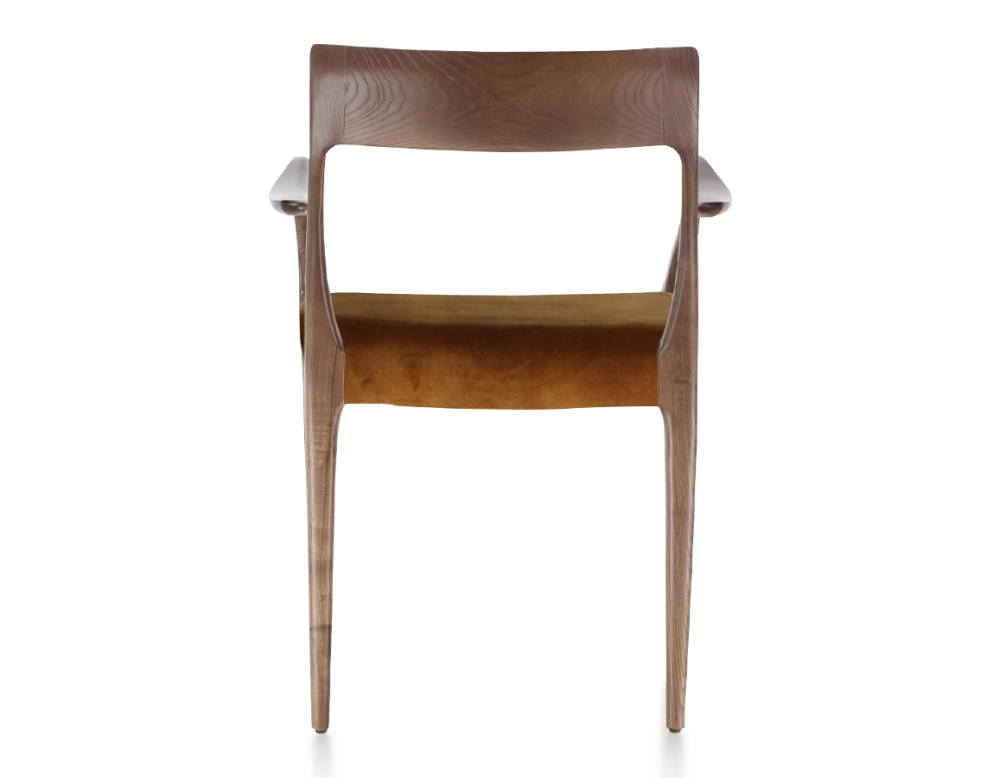 Chaise scandinave avec accoudoirs bois teinte marron foncé assise tissu velours bronze