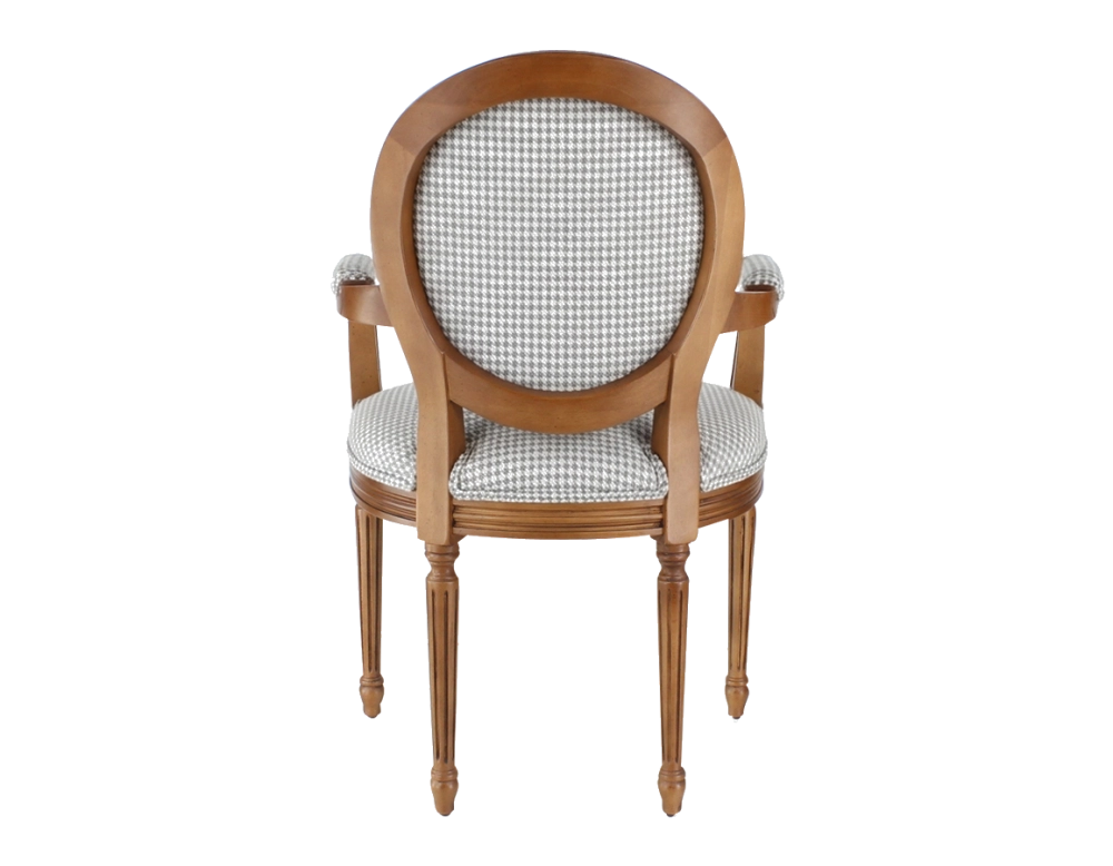 Fauteuil ancien style Louis XVI bois teinte ancienne et tissu pied de poule blanc et taupe