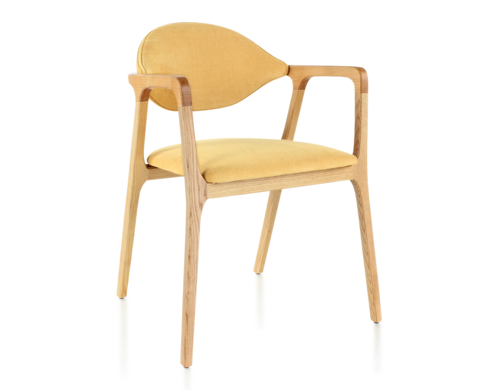 Chaise design avec accoudoirs bois teinte naturelle et tissu jaune