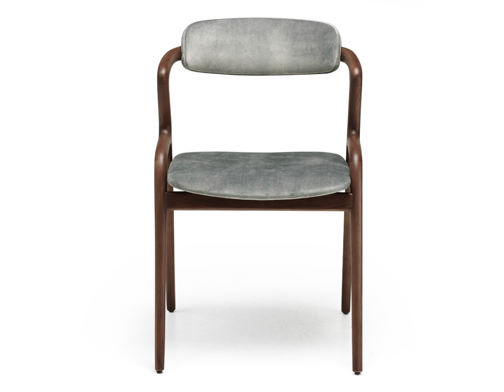 Scandinavian chair walnut wood with a grey-blue velvet fabric seat.