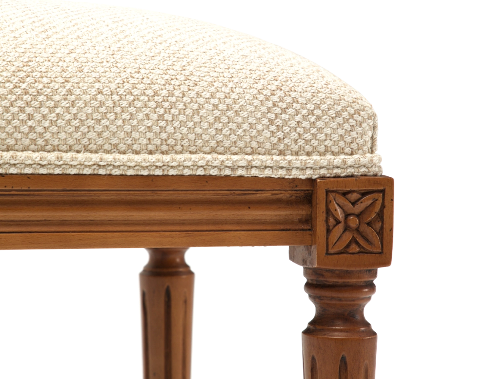Tabouret ancien style Louis XVI bois teinte ancienne et tissu chiné beige