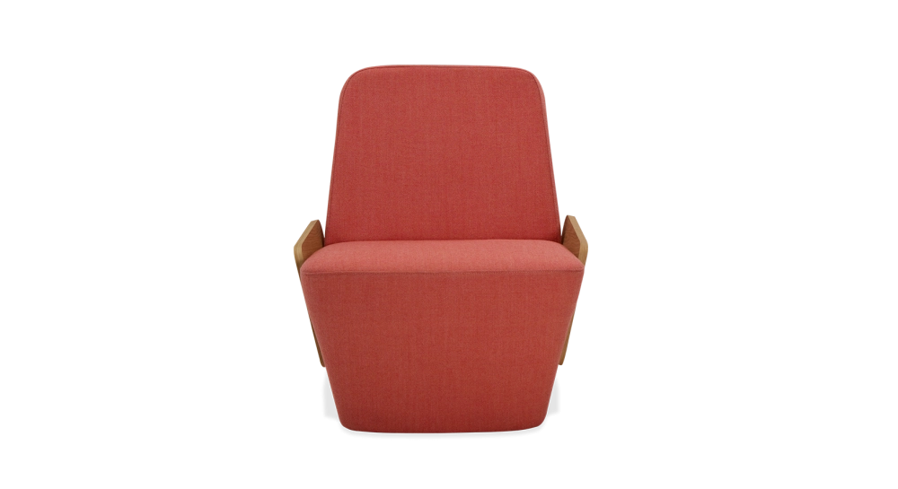 Designer armchair without armrests oak natural finish with pink fabric seat