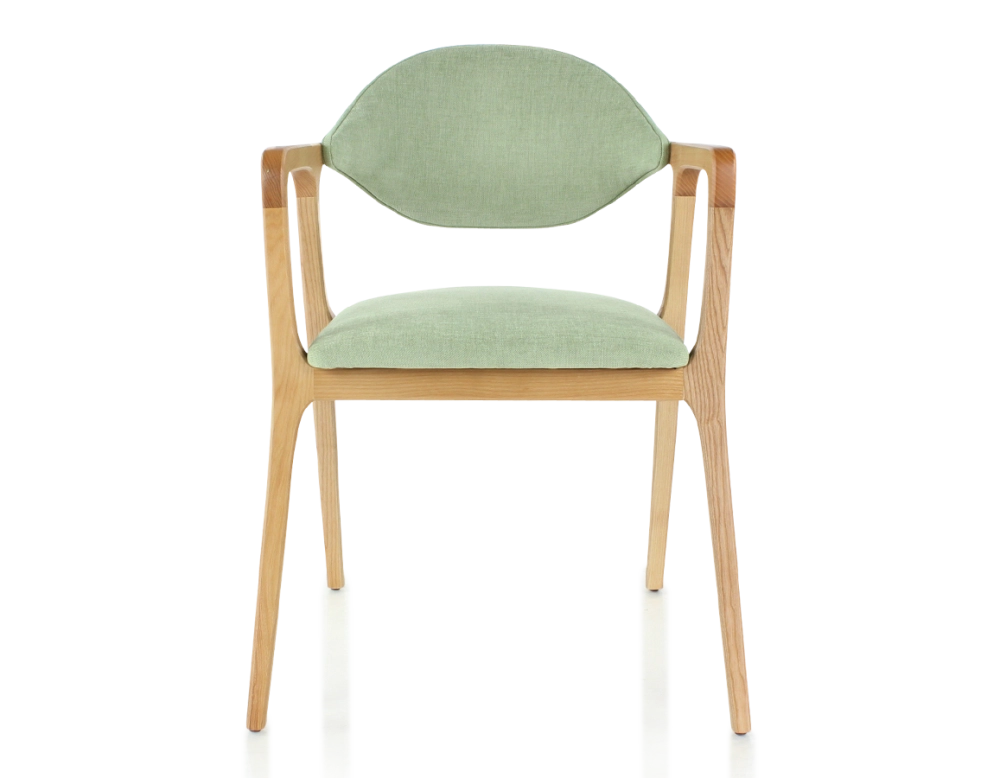 Chaise design avec accoudoirs bois teinte naturelle et tissu vert