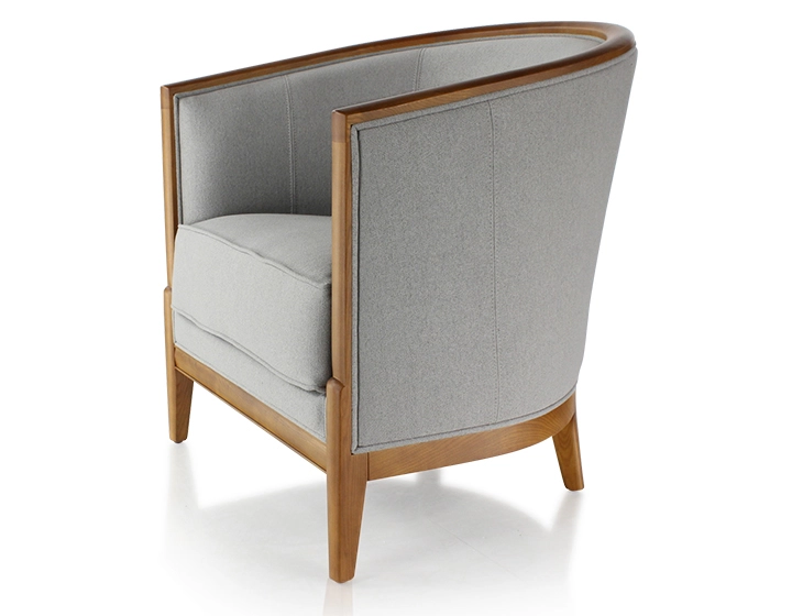 Fauteuil ancien bois teinte merisier et tissu gris clair