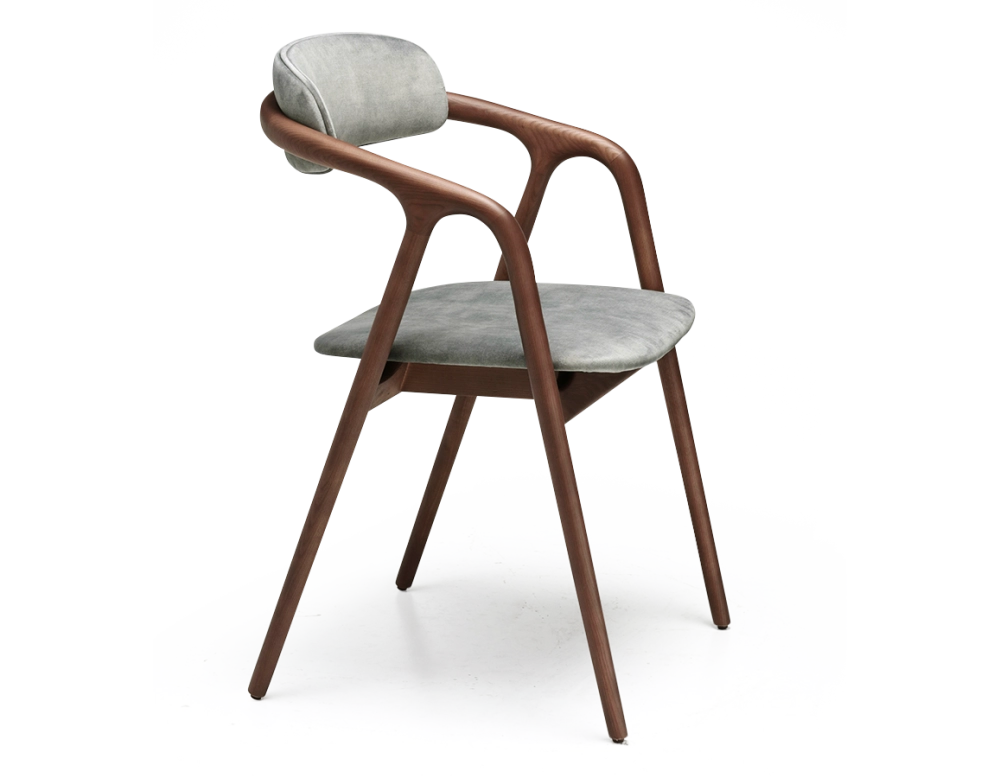 Scandinavian chair walnut wood with a grey-blue velvet fabric seat.