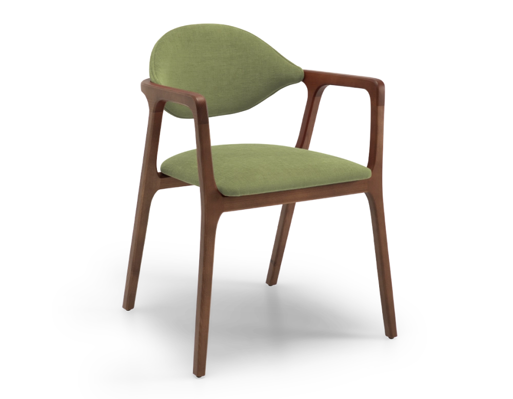 Chaise design avec accoudoirs bois teinte marron foncé et tissu vert