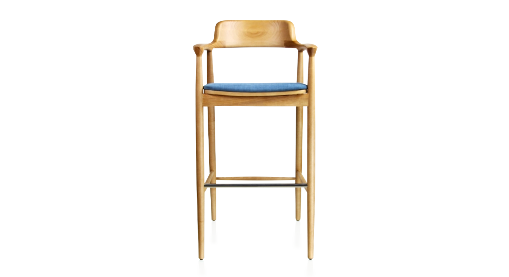 Taburete de bar h80 cm madera tinte natural asiento tejido azul vaquero