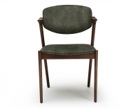 Scandinavian chair dark brown stained wood with forest green velvet seat.