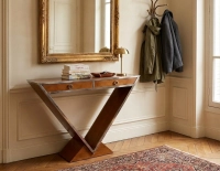 Console art déco double tiroirs bois teinte merisier