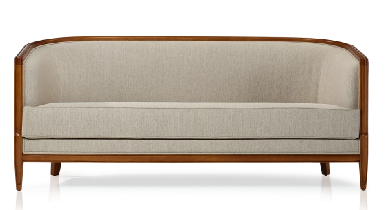Antique 3 seater sofa with moulded armrests bois teinte ancienne et tissu beige naturel