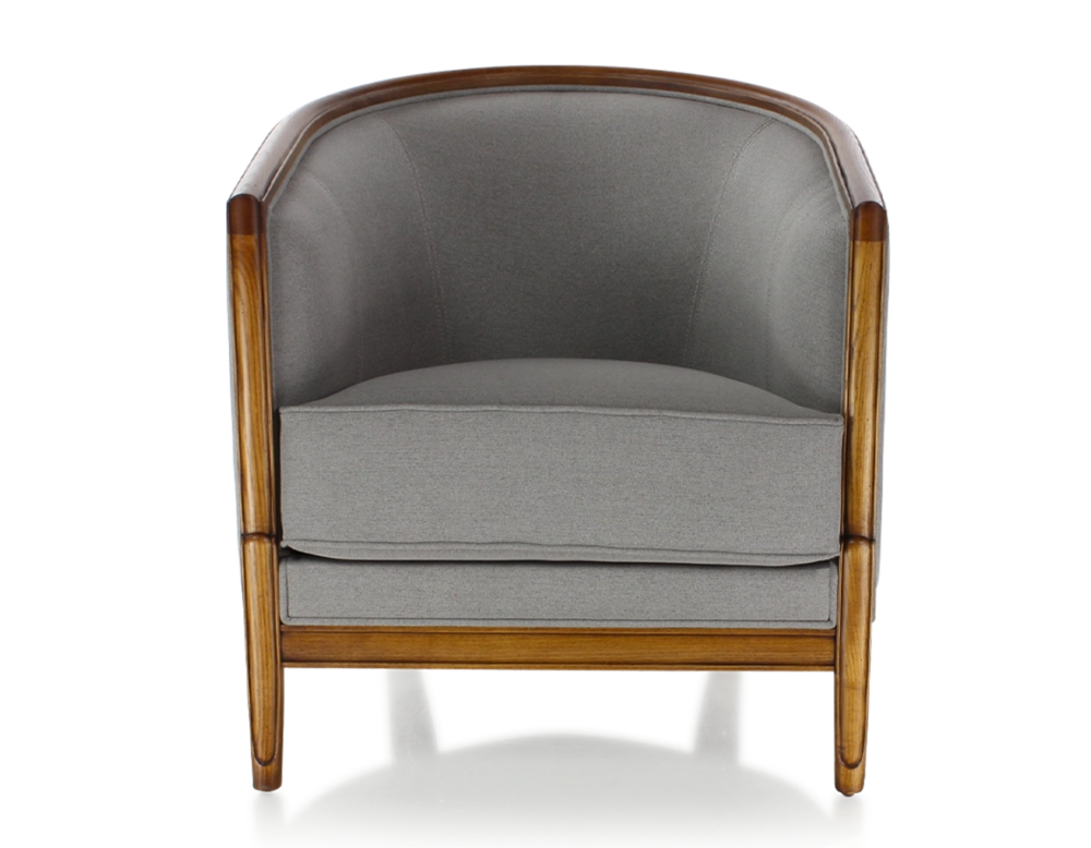 Fauteuil ancien accoudoirs moulurés bois teinte ancienne et tissu gris clair
