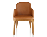 Designer chair with armrests cherry-stained wood and caramel leather