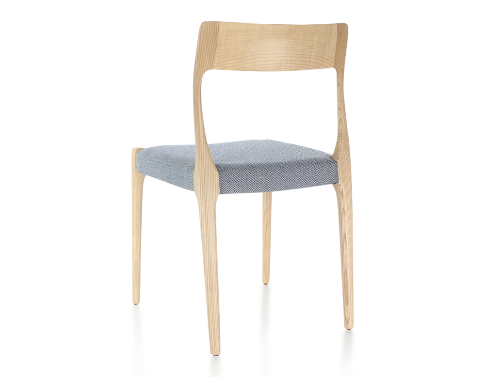 Scandinavian chair natural stained wood, blue chevron fabric seat