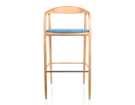Tabouret de bar h80 cm teinte naturelle assise tissu bleu jean bois teinte naturelle et tissu bleu jean
