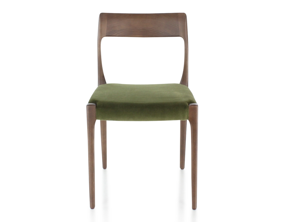 Chaise scandinave bois teinte marron foncé assise tissu vert olive