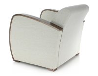 Designer armchair dark brown stained wood and natural beige fabric