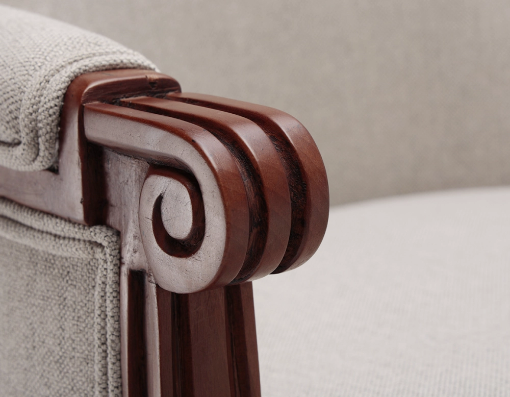 Sillón bergère estilo Luis XVI madera con tinte envejecido y tejido beige natural