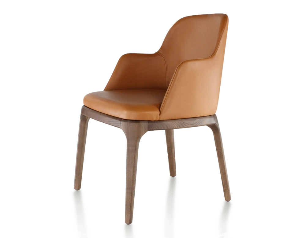 Chaise design avec accoudoirs bois teinte marron foncé et cuir caramel