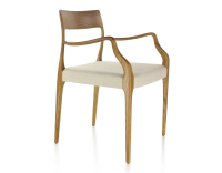 Scandinavian armchair with armrests cherry-stained wood, camel-coloured fabric seat