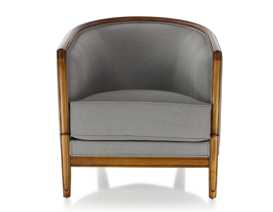 Fauteuil ancien accoudoirs moulurés bois teinte ancienne et tissu gris clair
