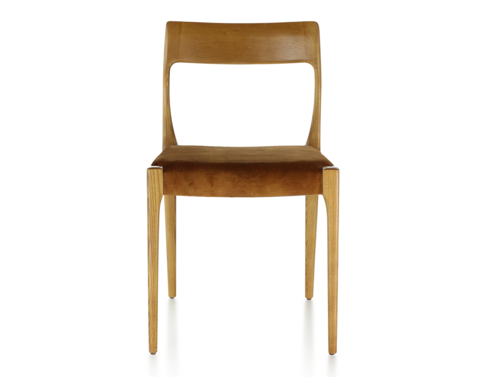 Chaise scandinave bois teinte merisier assise tissu velours bronze
