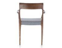 Chaise scandinave avec accoudoirs bois teinte marron foncé assise tissu chevron bleu
