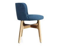 Chaise design bois teinte naturelle assise tissu bleu jean