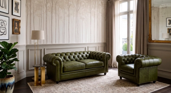 Canapé Chesterfield cuir 2 places vert olive accoudoirs cloutés