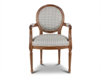 Fauteuil ancien style Louis XVI bois teinte ancienne et tissu pied de poule blanc et taupe