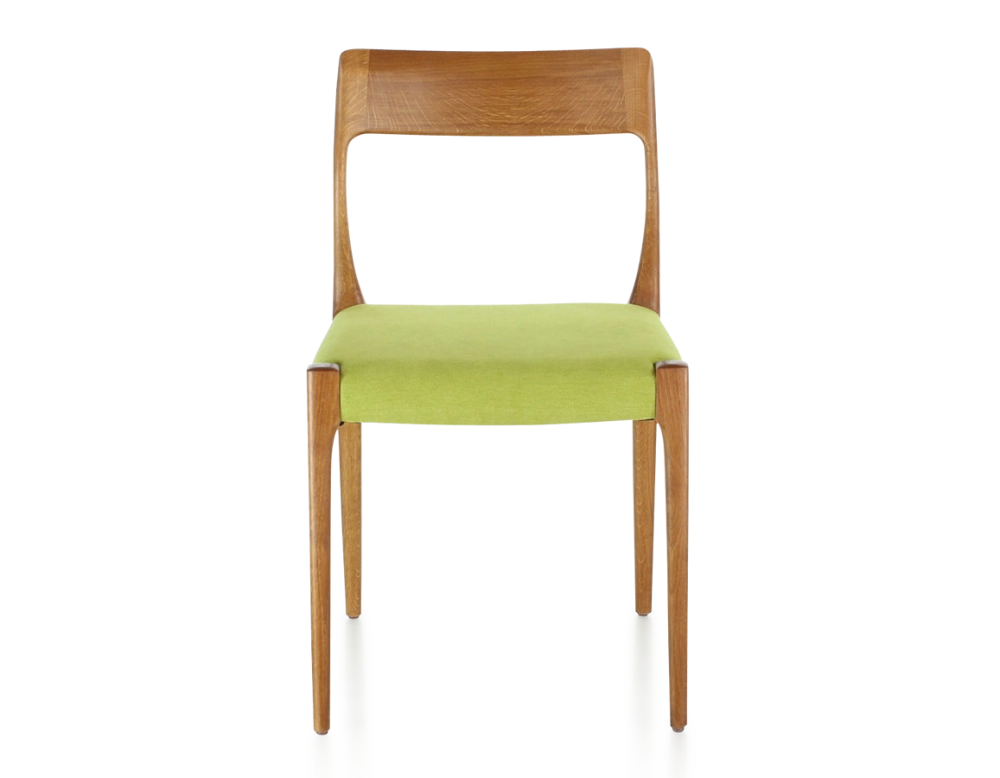 Scandinavian chair cherry-stained wood, apple green fabric seat