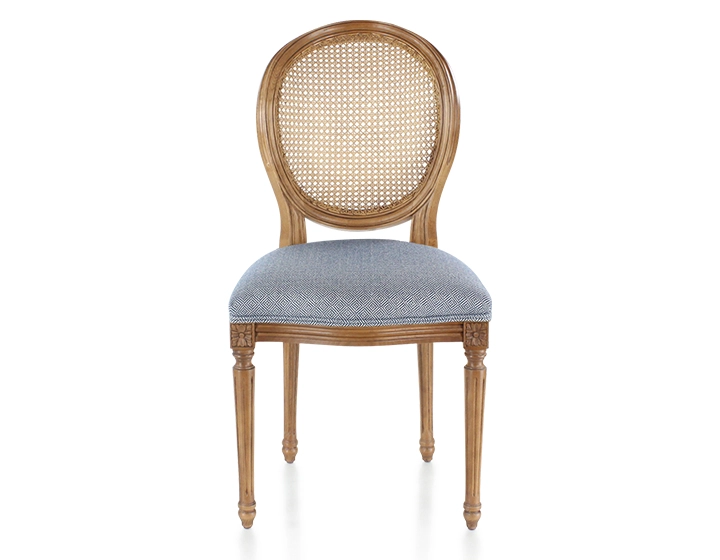 Chaise ancienne style Louis XVI bois teinte ancienne dossier canné assise tissu chevron bleu