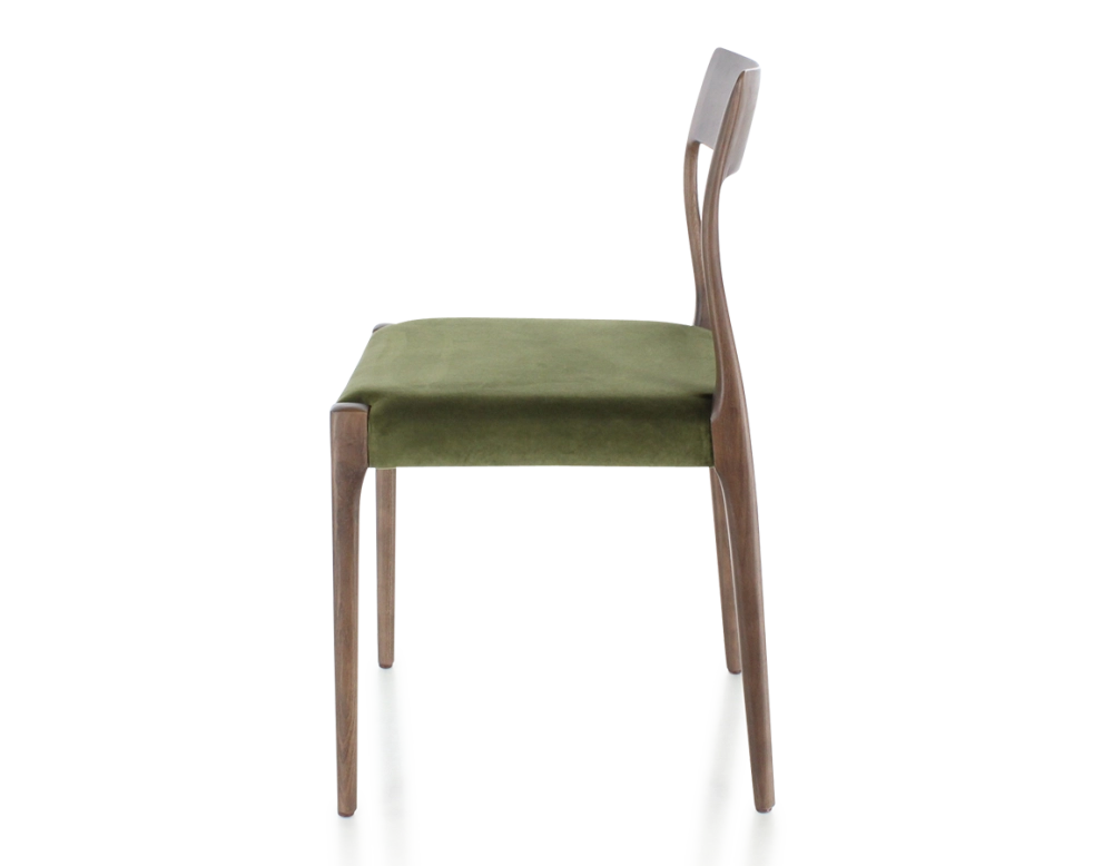 Chaise scandinave bois teinte marron foncé assise tissu vert olive