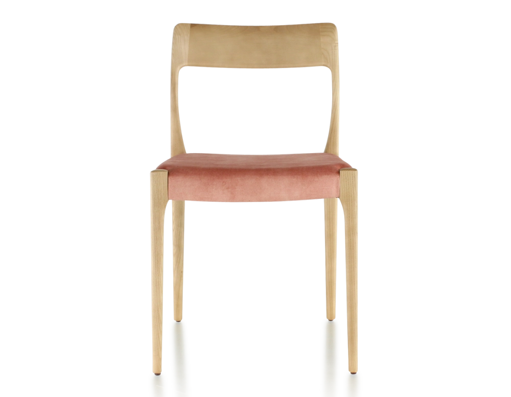 Chaise scandinave bois teinte naturelle assise tissu velours rose pâle