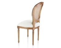 Chaise ancienne style Louis XVI bois teinte ancienne dossier canné assise tissu bouclé blanc