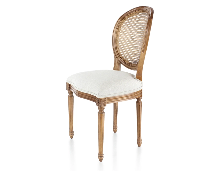Antique Louis XVI style chair wood stained old style caned back seat natural beige fabric