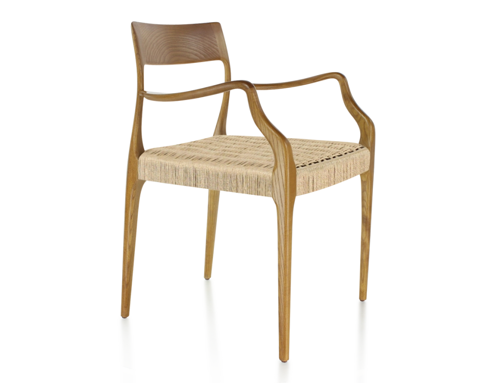 Chaise scandinave avec accoudoirs bois teinte merisier assise corde